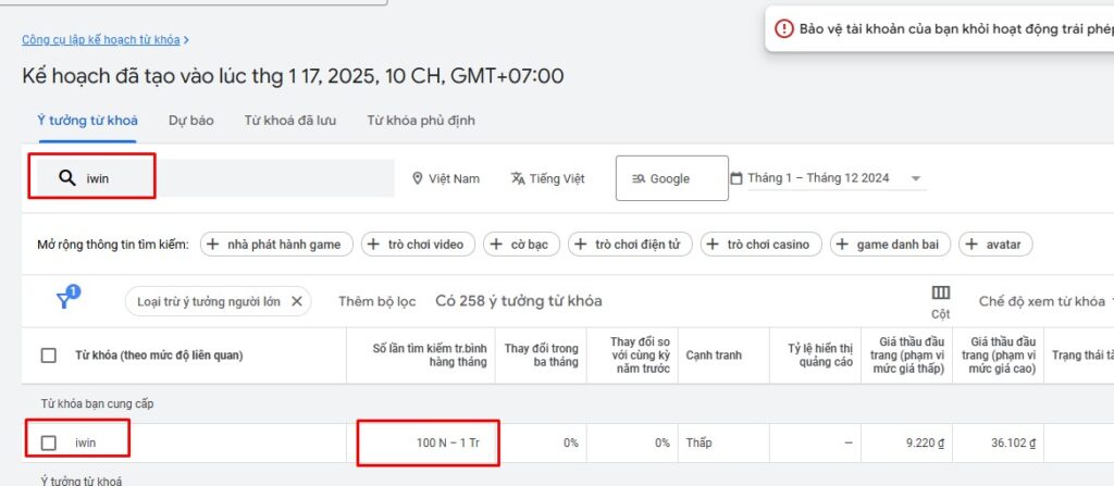 lượt tìm kiếm từ khóa iwin được google ghi nhận lại